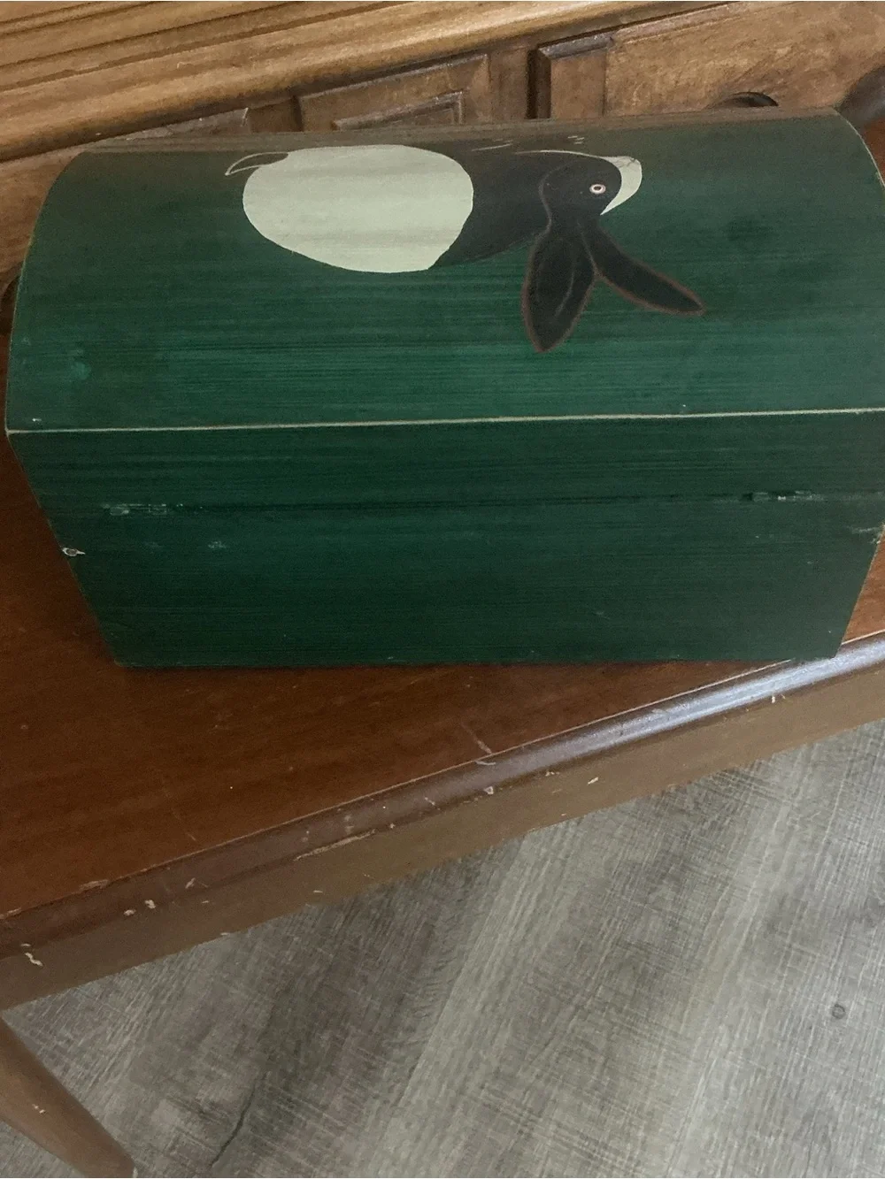 Vintage Warren Kimble Wooden Box Folk Art Green Trunk Bunny Rabbit Keepsake 12